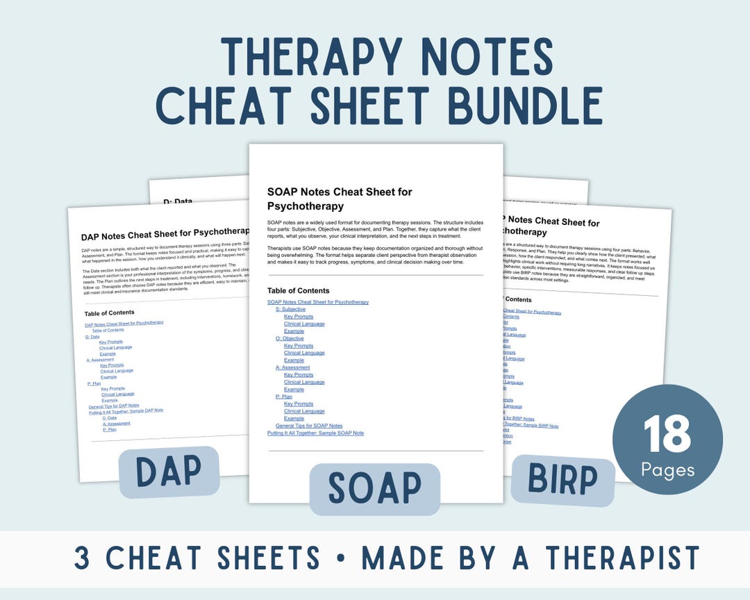 SOAP DAP BIRP Notes Cheat Sheet Bundle, Therapy Progress Note Templates ...