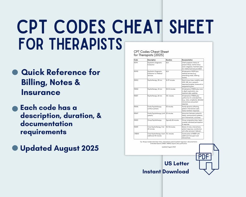 2025 CPT Codes Cheat Sheet for Therapists: Psychotherapy Billing Guide ...