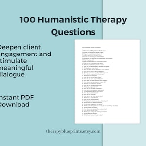 Peut inclure: Un document PDF imprimable intitul&eacute; "100 questions de th&eacute;rapie humaniste". Le document est con&ccedil;u pour aider &agrave; approfondir l'engagement du client et stimuler un dialogue significatif. Le texte "T&eacute;l&eacute;chargement instantan&eacute; du PDF" est &eacute;galement inclus.