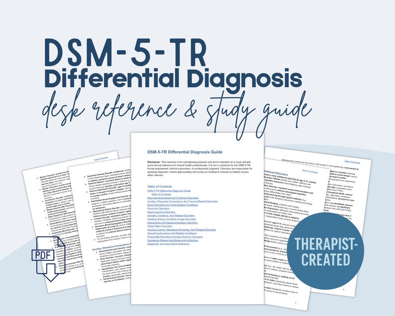 DSM-5-TR Differential Diagnosis Guide PDF cover mockup, therapist desk reference and study guide for mental health professionals, counseling exam prep printable, instant download