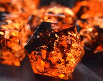 Underworld Bribe Dice Set – Handmade 7pc DND Dice Set • Orange/Black Split Gold Flake Resin Dice Set • D&D Dice Set • Dice Gift