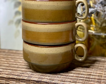 Vintage Glazed Ramekins | Retro Stoneware Soup Bowls With Handles | Stackable | Set of 3