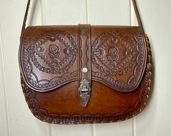 Vintage Hand Tooled Leather Shoulder Bag Boho