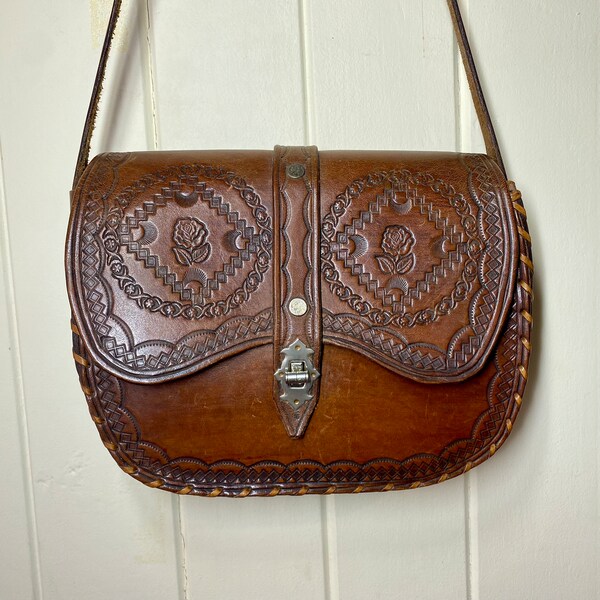 Vintage Hand Tooled Leather Shoulder Bag Boho