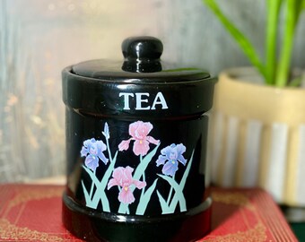 Vintage Black Floral Tea Jar | Ceramic Pot With Iris Flower Design