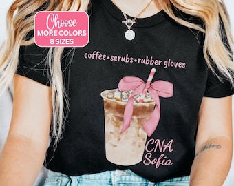 Custom Coffee CNA Shirt, Personalized CNA Pink Bow Tshirt, Coquette Certified Nursing Assistant T-Shirt, CNA Graduation Gift, Cna School Tee