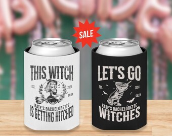 May include: Two can coolers, one white and one black, with witch-themed bachelorette party designs. The white cooler reads "THIS WITCH IS GETTING HITCHED" with a witch graphic. The black cooler says "LET'S GO WITCHES" with a cocktail graphic. Both say "Kate's Bachelorette" and "Salem 2024".