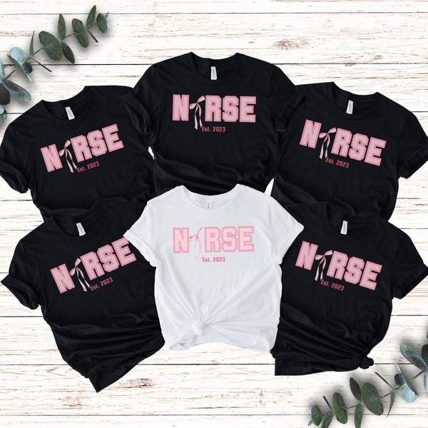 Matching Pink Bow Nurse Shirts, Cute Custom Nurse Tshirts, Personalized Pink Ribbon CNA Team Tees, Girly LPN Scrub Tops, Registered Nurse RN