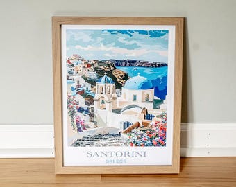 Santorini Greece Print – Blue Dome Churches, Aegean Sea (11x14)