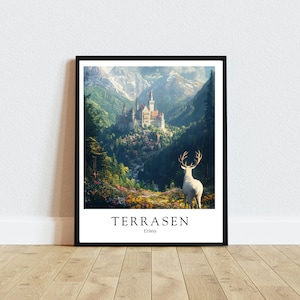 Op de afbeelding: Een ingelijste print van een wit hert dat in een bos staat met een kasteel op de achtergrond. De print heeft de tekst "TERRASEN" en "Erile" erop.
