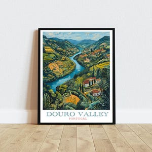 May include: A colorful illustration of the Douro Valley in Portugal, featuring a winding river, terraced vineyards, and traditional houses. The text "Douro Valley, Portugal" is printed below the image.