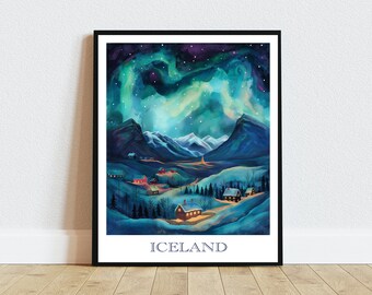 May include: A watercolor painting of a snowy landscape in Iceland with a village of houses and a vibrant green aurora borealis in the night sky. The text "ICELAND" is at the bottom of the painting.