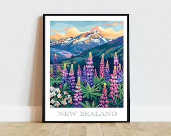 New Zealand Landscape Art Print: Mountain Floral Illustration (Digital Download)