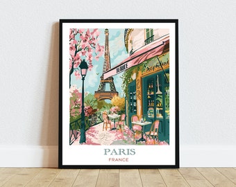 Impresión artística de paisaje urbano de París: Escena de cafetería en la Torre Eiffel (descarga digital)