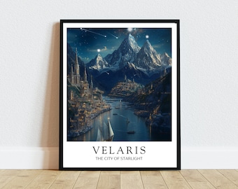 Op de afbeelding: Een ingelijste kunstdruk met een fantasielandschap van een stad aan een rivier, onder besneeuwde bergen en een sterrenhemel. De print bevat de witte tekst "VELARIS THE CITY OF STARLIGHT".
