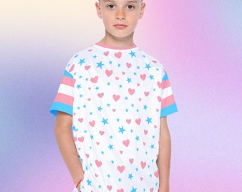 Youth Trans Pride T-Shirt Hearts & Stars with Trans Pride Flag Sleeves