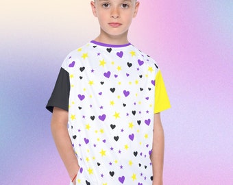 Non-binary Pride Youth Hearts, Stars & Rainbow Nonbinary Pride Shirt for Kids and Teenagers