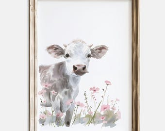 Cow Nursery Print: Watercolor Farm Animal with Pink Florals (Digital Download)