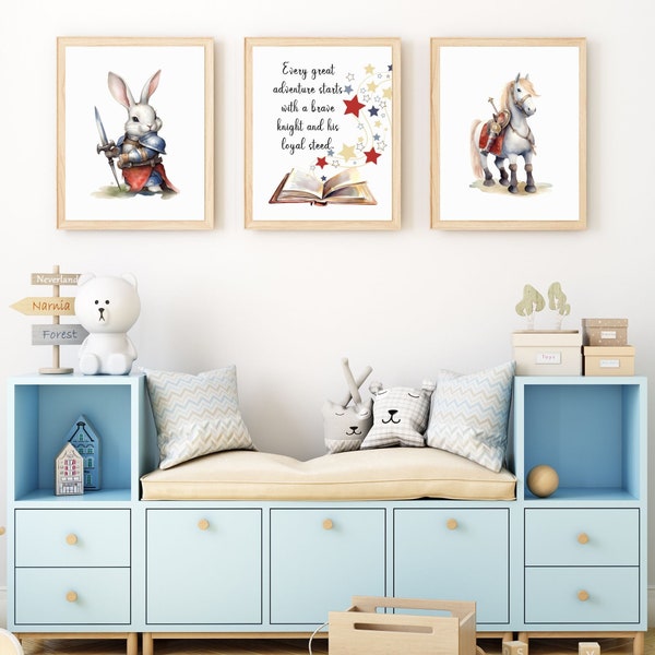Rabbit Knight and His Loyal Steed, Digital Wall Art,  Set of 3 Prints, Bunny Knight and His Horse, Boy Cute Nursery Wall Prints