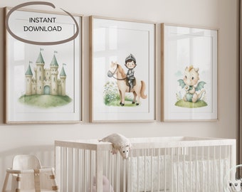 Boy Nursery Dragon Prints, Set of 6, Boys Room Decor, Dragon Knight ...