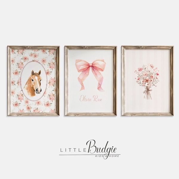 Personalized Horse Nursery Prints: Custom Name Coquette Cowgirl Equestrian Wall Art Set (Digital Download)