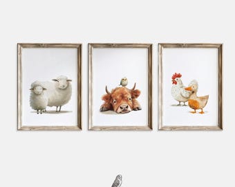 Farm Animal Nursery Prints: Barnyard Animal Highland Cow, Sheep, Duck Wall Art (Digital Download)