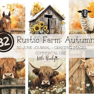 32 Imagens de diário de lixo de fazenda rústica | Fazenda de outono no campo, vaca das Terras Altas, ovelha, cavalo, porco, abóbora, cartões, scrapbooking, decoupage