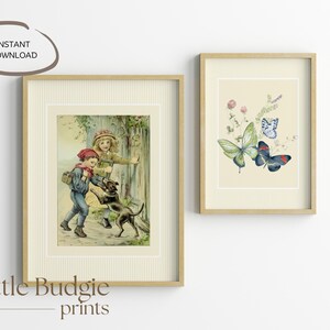 Vintage Nursery Print Set: Butterfly Floral & Children Illustration (Digital Download)