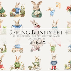 20 cliparts lapin, lapin de Pâques PNG, clipart printemps pour journaux, fête des mères, faire-parts, travaux manuels de scrapbooking, découpage, 3 bonus