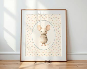 Lámina infantil de ratón, diseño floral caprichoso, decoración campestre (descarga digital)