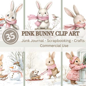 35 Wald Hasen Clip Art, Rosa Weihnachten Weihnachten | Urlaub | Winter Clip Art Bundle | Niedliche Hasen und Schnee Bilder für Scrapbooking und zum Basteln