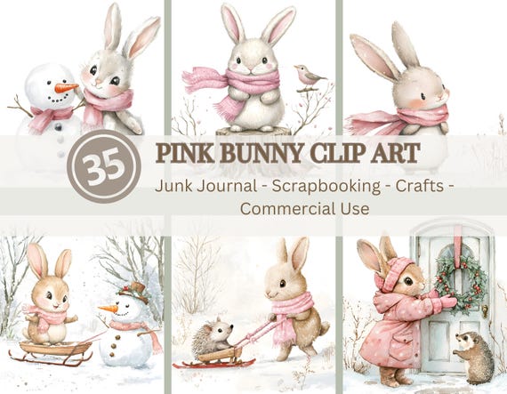 Woodland Bunny Christmas Clip Art: Pink Winter Designs (Digital Download)