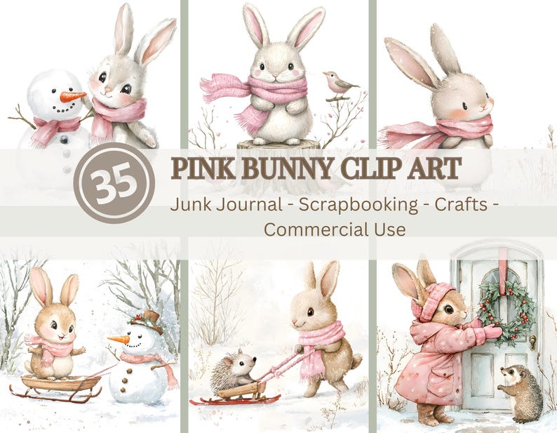 May include: A set of 35 digital clip art images featuring pink bunnies in winter scenes. The bunnies are wearing pink scarves and hats. The scenes include snowmen, sledding, and a hedgehog.