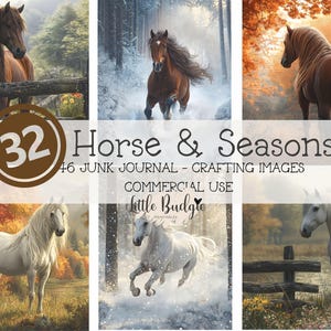 32 immagini di diario di cavalli, estate inverno autunno primavera, arte murale di cavalli, clipart di animali da fattoria, scrapbooking, carte artigianali, decoupage,