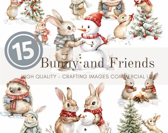 Watercolor Christmas Bunny Clip Art Bundle: Winter Woodland PNG (Digital Download