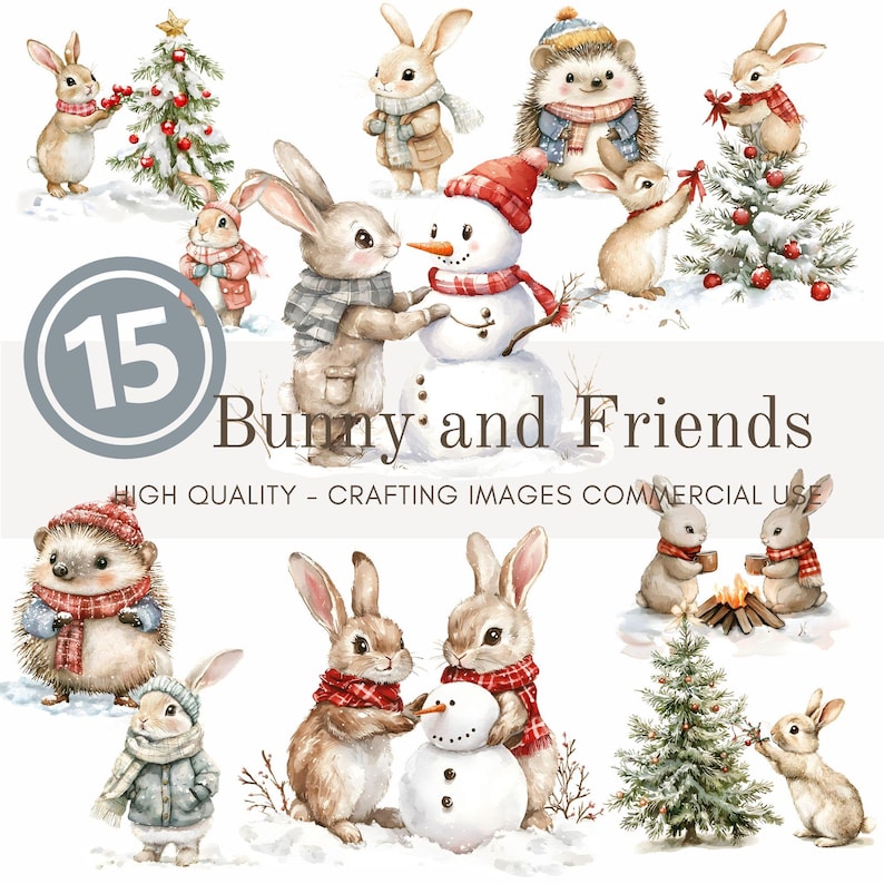 Watercolor Christmas Bunny Clip Art Bundle: Winter Woodland PNG ...