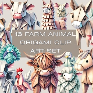 16 Tiere auf dem Bauernhof Clip Art, süße Origami Tiere für Party Einladungen und Karten, Scrapbooking, Junk Journals, Basteln im Klassenzimmer, 16er Set