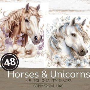 48 Clip Art floreali ad acquerello con cavallo e unicorno, bellissima arte con cavalli, scrapbooking, inviti, decoupage, biglietti di auguri, carta per bricolage