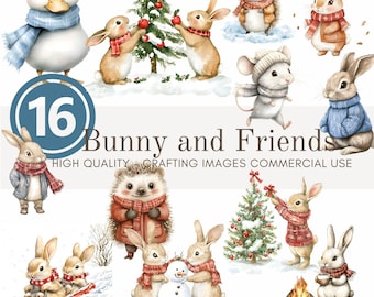 Watercolor Christmas Bunny Clip Art Bundle: Woodland Winter PNG (Digital Download