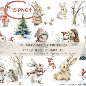 15 Woodland Bunny Clip Art Bundle / Pupazzi di neve acquerellati e alberi di Natale PNG / Clipart invernale per i lavoretti delle feste