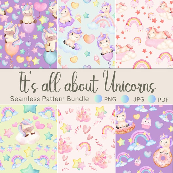 Cute Unicorn Repeating Patterns, Set of 6, DIY Craft Scrapbooking, Journals, Nursery and Kids Room Decor Ideas