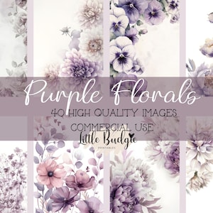 40 Purple Flower-illustraties, afbeeldingen van viooltjes, pioenrozen, dahlia's en wilde bloemen; Uitnodigingen, junkjournaal, scrapbooking, decoupage, kaarten maken,