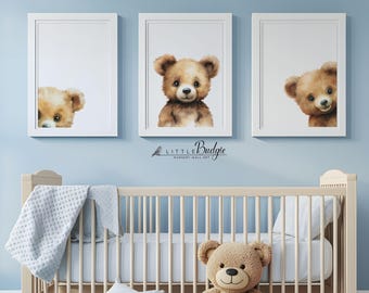 Watercolor Bear Nursery Prints: Peek-A-Boo Woodland Wall Art (Set of 3, Digital Download)