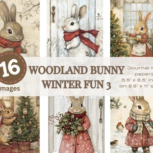 16 immagini di Woodland Bunny Junk Journal, tema invernale con coniglietto carino, arte e artigianato, scrapbooking, decoupage, inviti, 3 immagini bonus della foresta