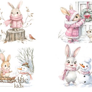 May include: Four illustrations of bunnies in winter scenes. The first shows a pink bunny wearing a pink coat and scarf standing on a tree stump. The second shows a pink bunny wearing a pink coat and scarf hanging a wreath on a door. The third shows a brown bunny wearing a pink scarf and a snowman. The fourth shows a white bunny wearing a pink scarf and a snowman.