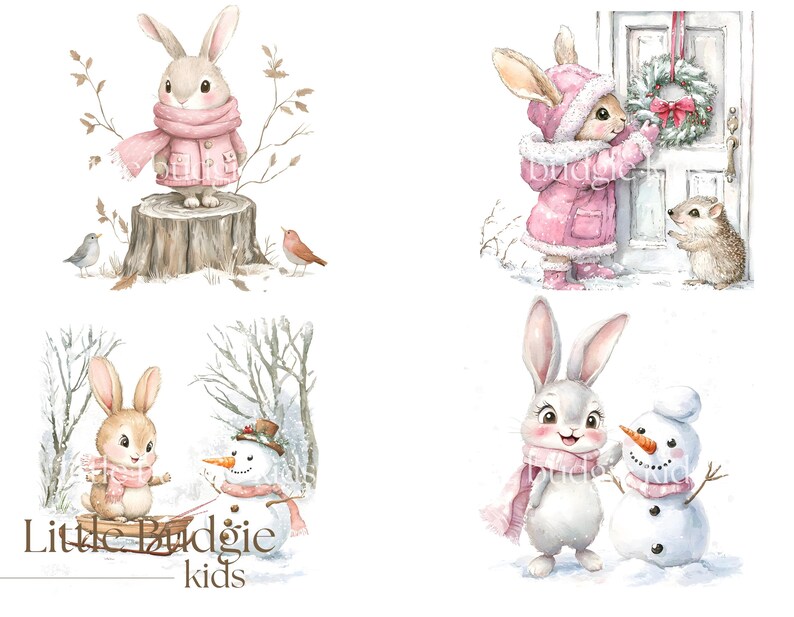 May include: Four illustrations of bunnies in winter scenes. The first shows a pink bunny wearing a pink coat and scarf standing on a tree stump. The second shows a pink bunny wearing a pink coat and scarf hanging a wreath on a door. The third shows a brown bunny wearing a pink scarf and a snowman. The fourth shows a white bunny wearing a pink scarf and a snowman.