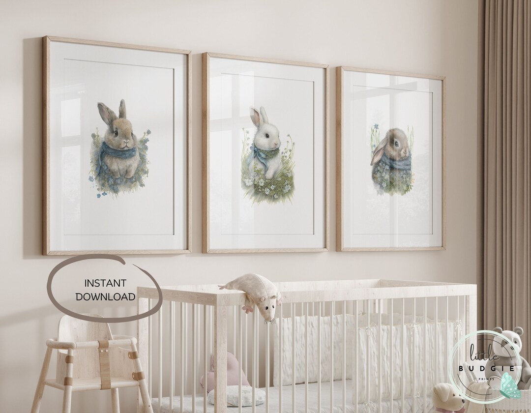 Woodland Bunny Nursery Decor Prints, Set of 3, Watercolor Woodland ...