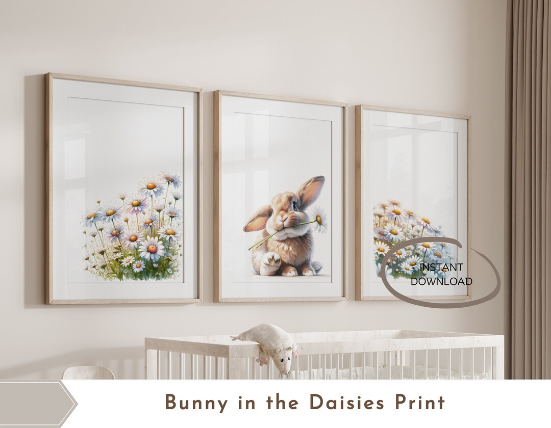 Woodland Nursery Decor Prints, Set of 3, Cute Bunny and Daisies ...