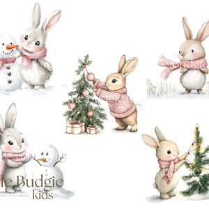 May include: Five watercolor illustrations of bunnies dressed in pink sweaters and scarves decorating Christmas trees and a snowman. The text "Little Budgie kids" is at the bottom of the image.