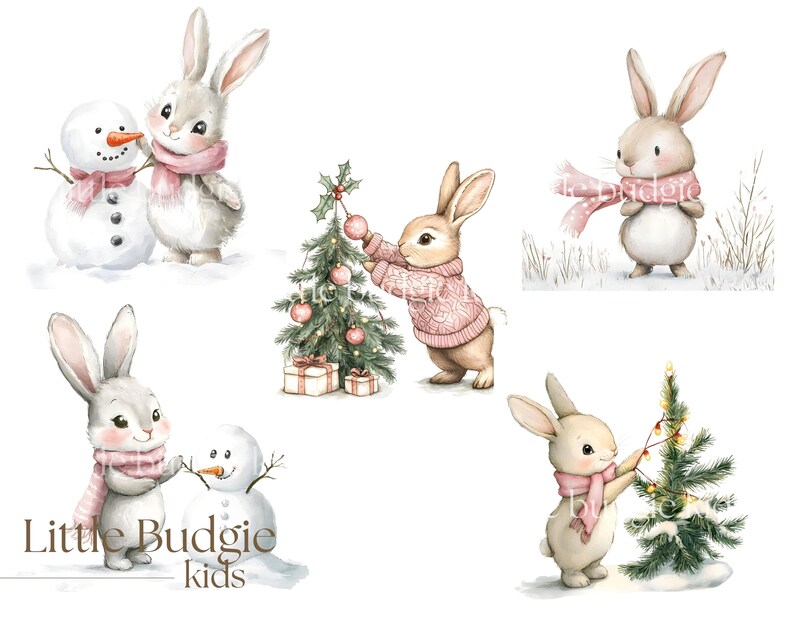 May include: Five watercolor illustrations of bunnies dressed in pink sweaters and scarves decorating Christmas trees and a snowman. The text "Little Budgie kids" is at the bottom of the image.